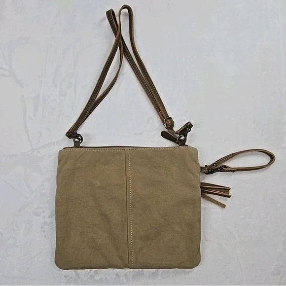 Myra Bag Cotton Carve/Leather Womens Adjustable Strap Crossbody Bag EUC